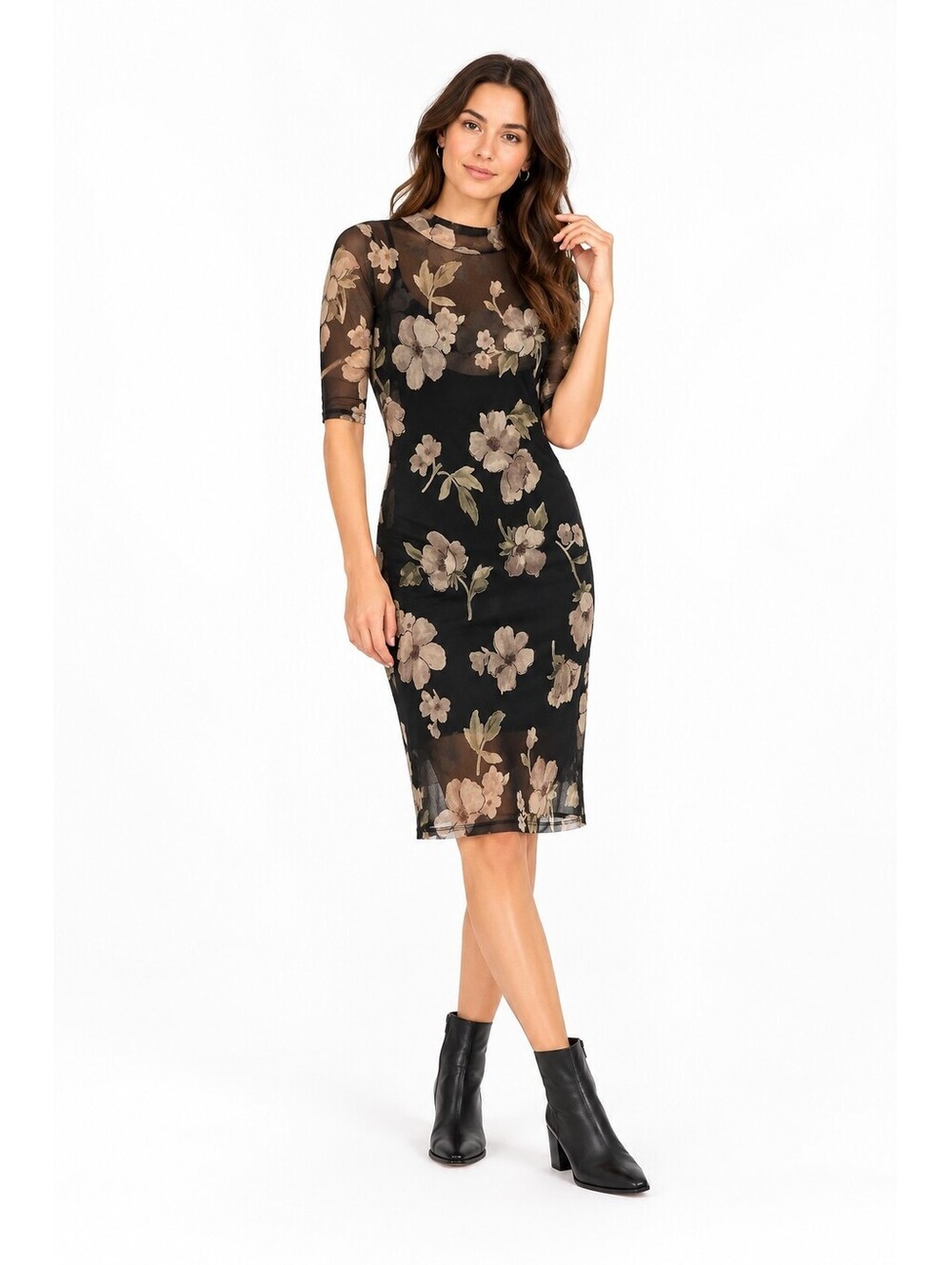 Black Floral Mesh Midi Dress Sheer Mock Neck Romantic Whimsigoth Potter's Pot